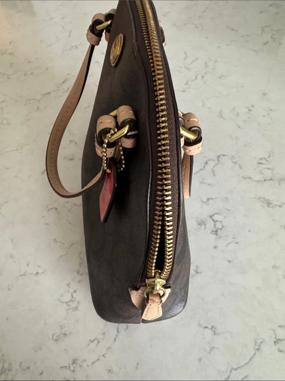 Coach Brown Signature Dome Satchel with Tan Trim and Red Tag - Picture 3 of 9